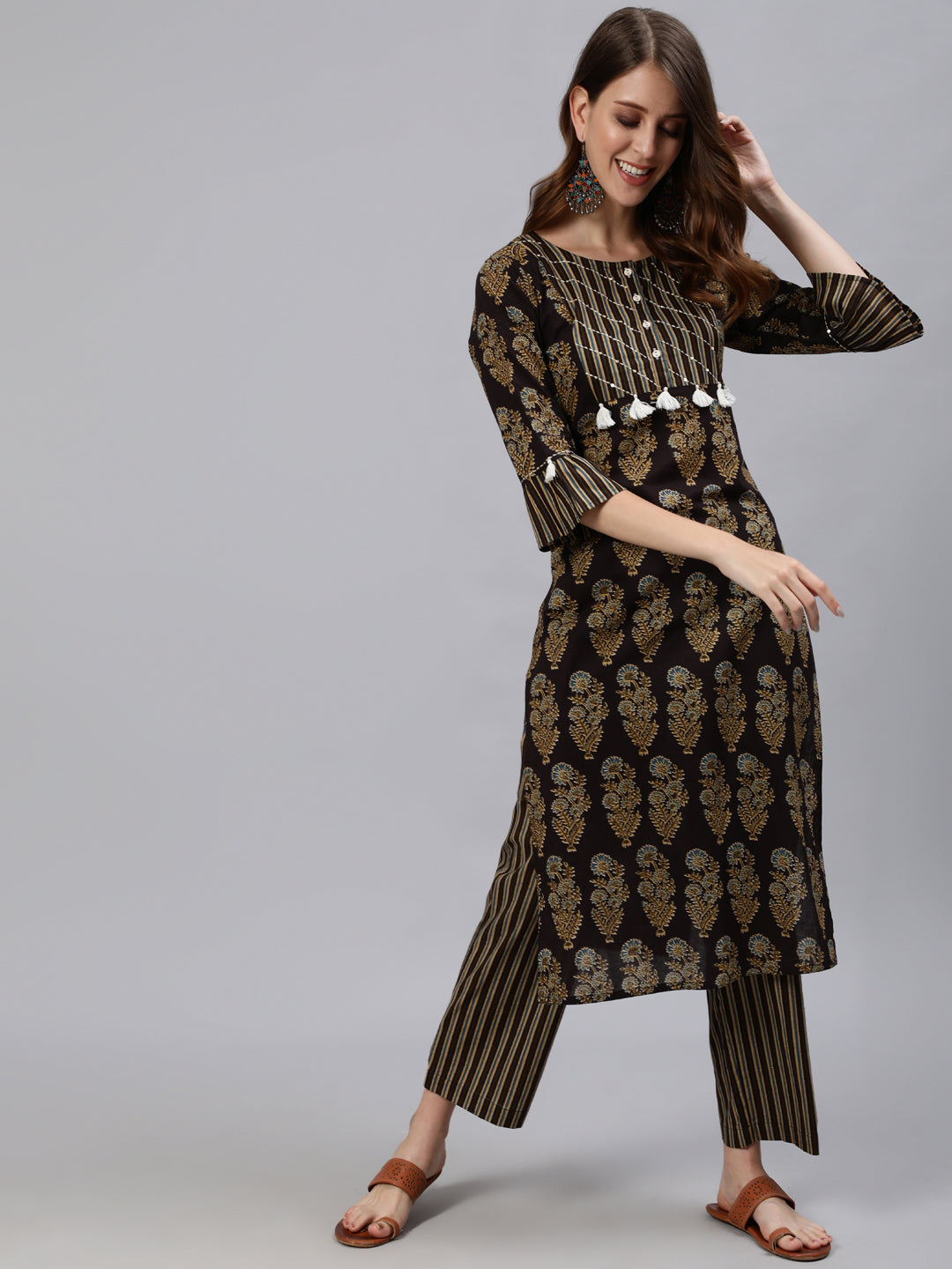 Black Ethnic Motifs Print Straight Cotton Kurta With Palazzos