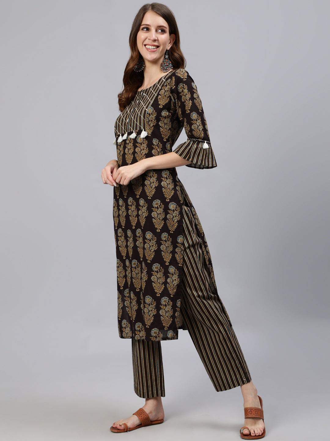 Black Ethnic Motifs Print Straight Cotton Kurta With Palazzos