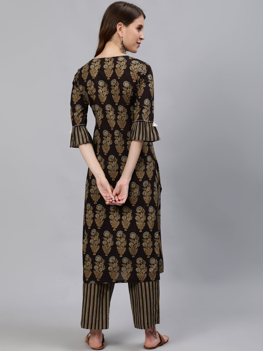 Black Ethnic Motifs Print Straight Cotton Kurta With Palazzos