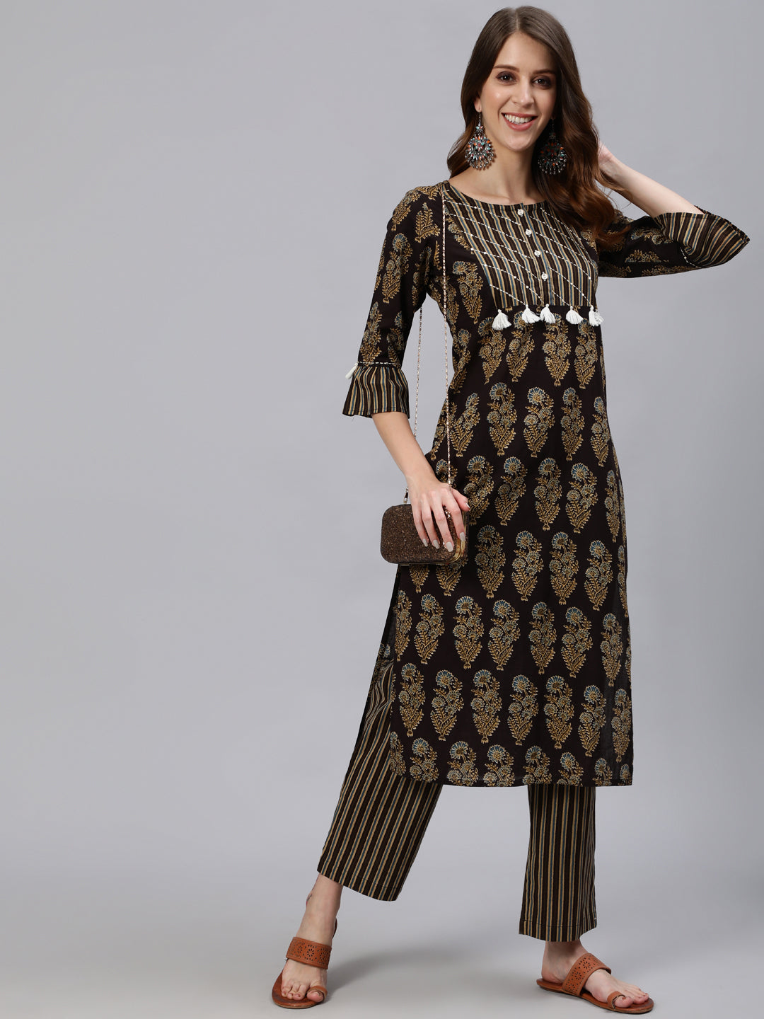 Black Ethnic Motifs Print Straight Cotton Kurta With Palazzos