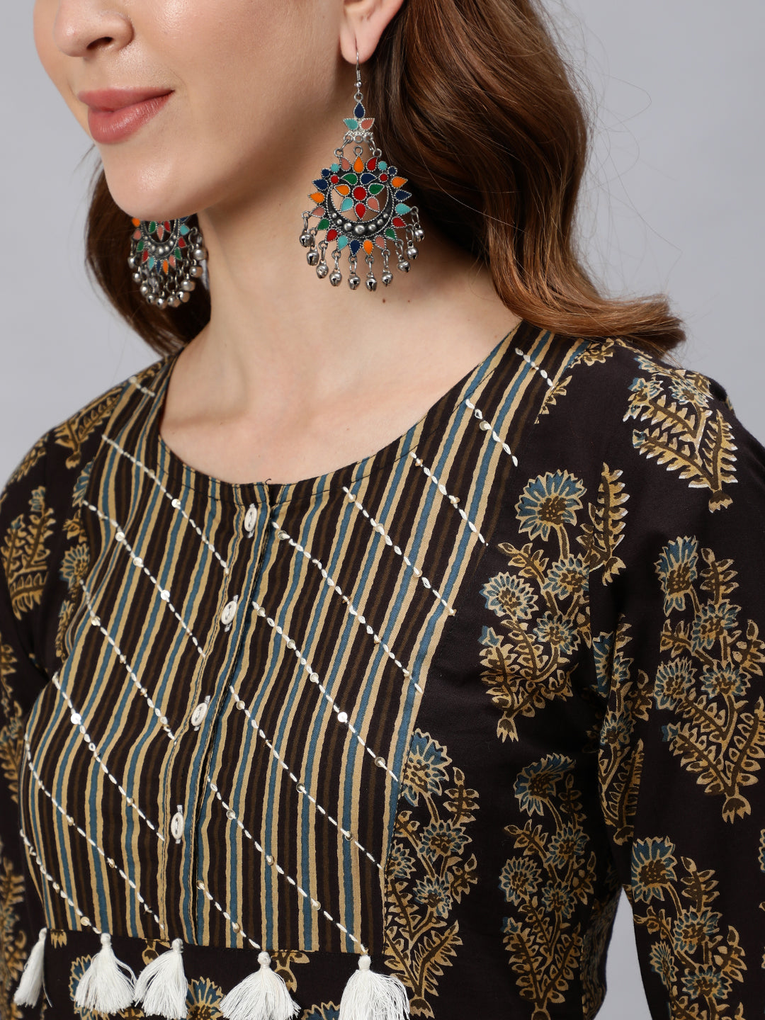 Black Ethnic Motifs Print Straight Cotton Kurta With Palazzos