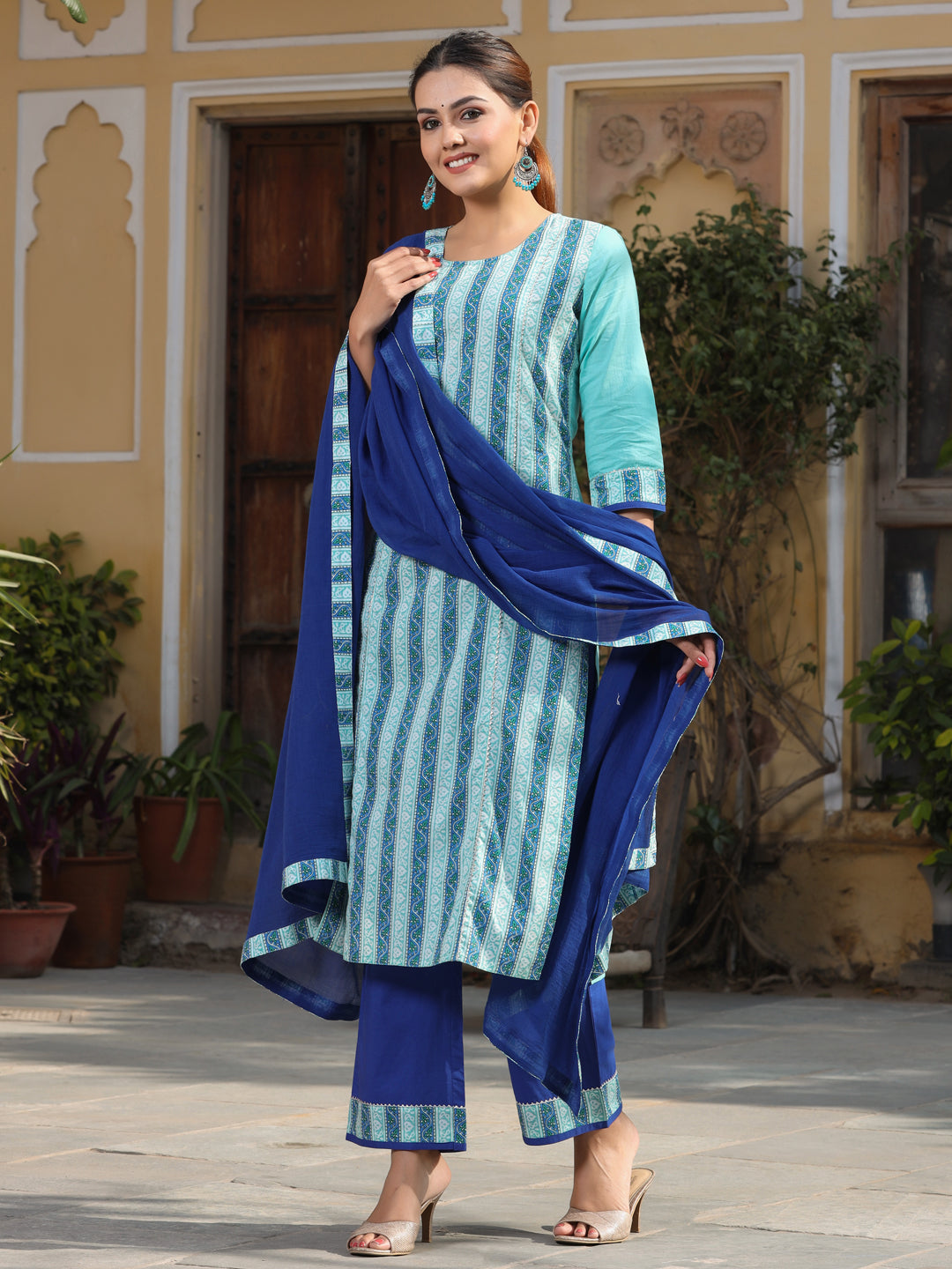 Turquoise Printed Kurta With Palazzo And Cotton Dupatta