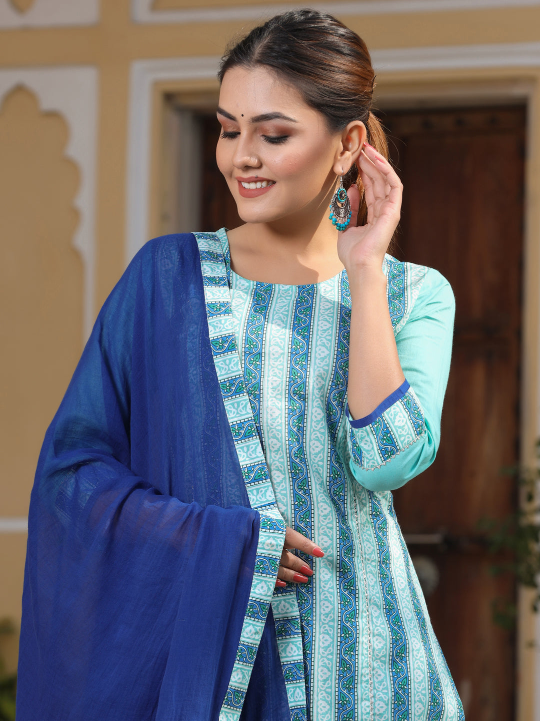 Turquoise Printed Kurta With Palazzo And Cotton Dupatta
