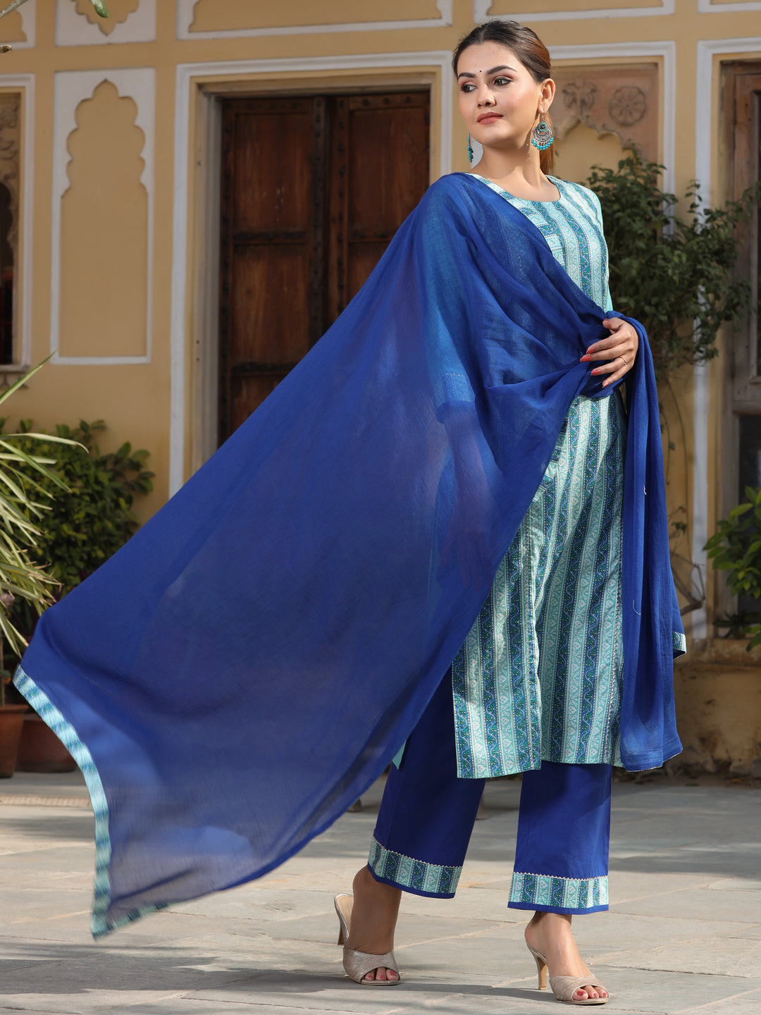 Turquoise Printed Kurta With Palazzo And Cotton Dupatta