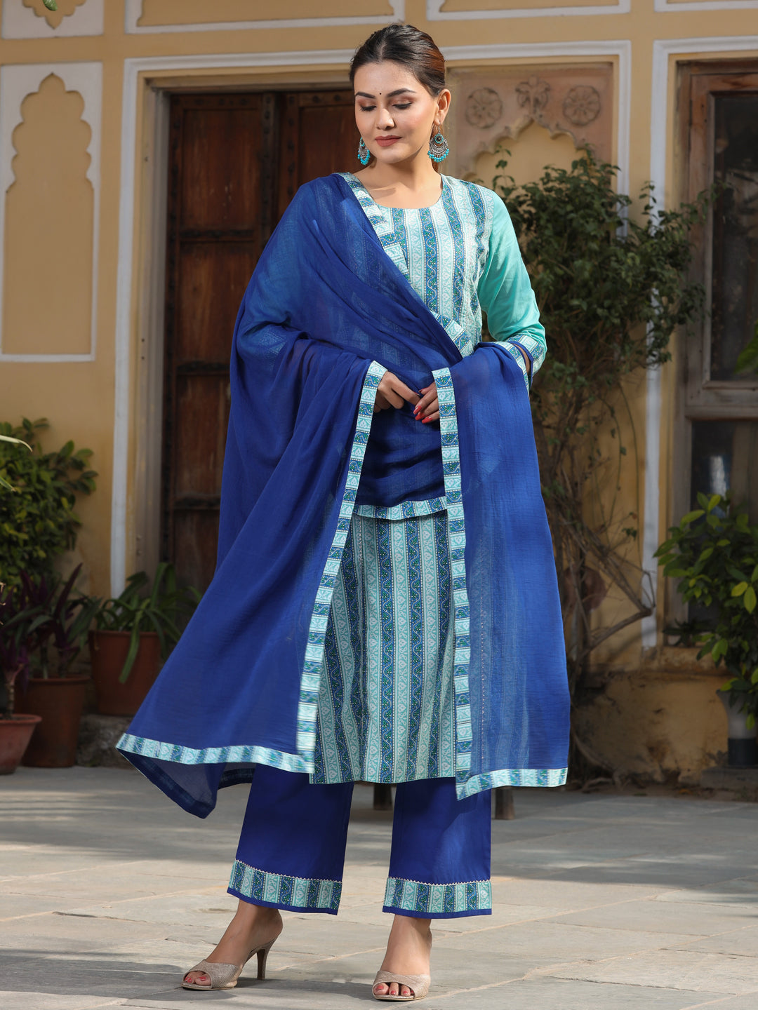 Turquoise Printed Kurta With Palazzo And Cotton Dupatta