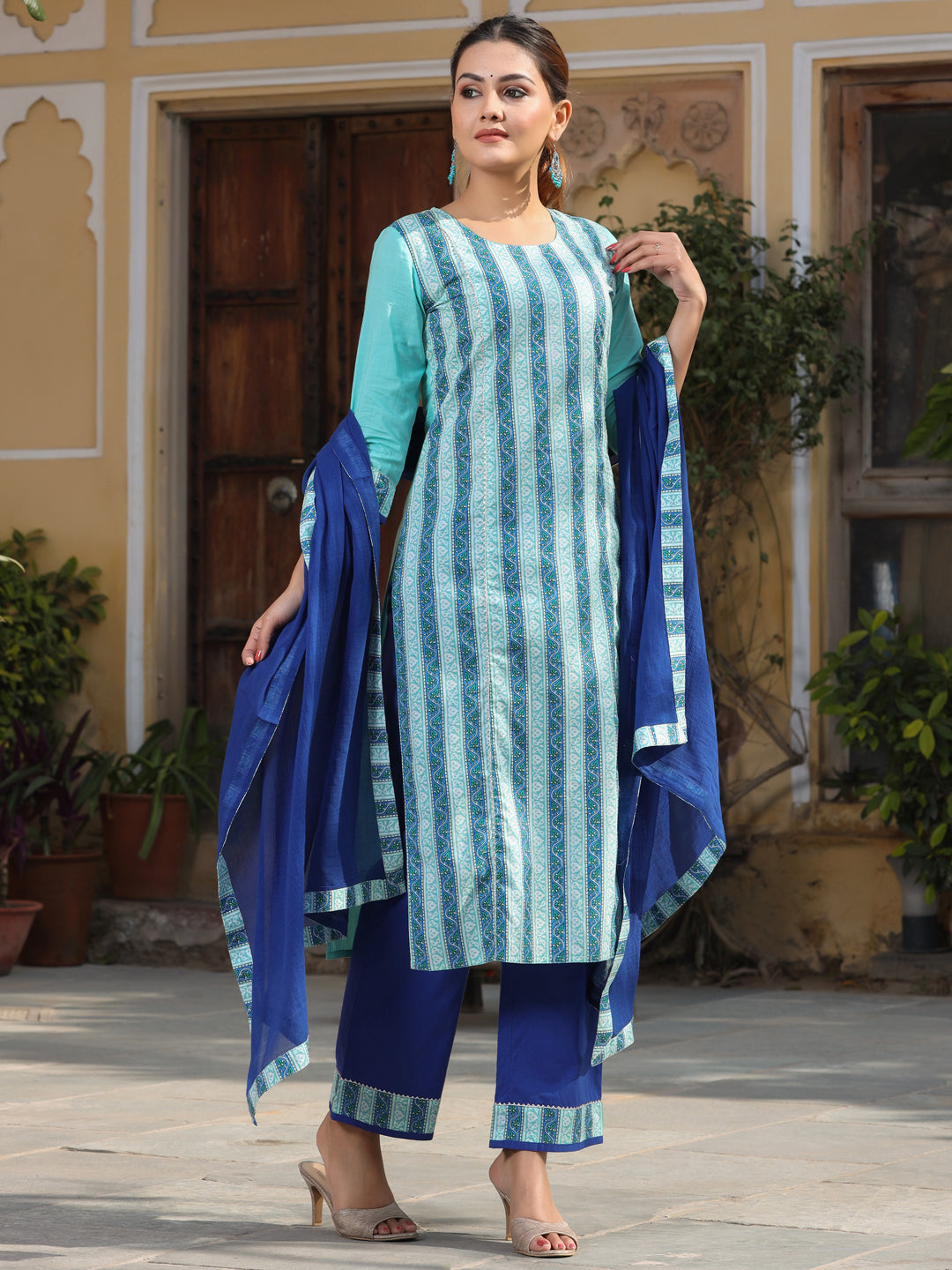Turquoise Printed Kurta With Palazzo And Cotton Dupatta