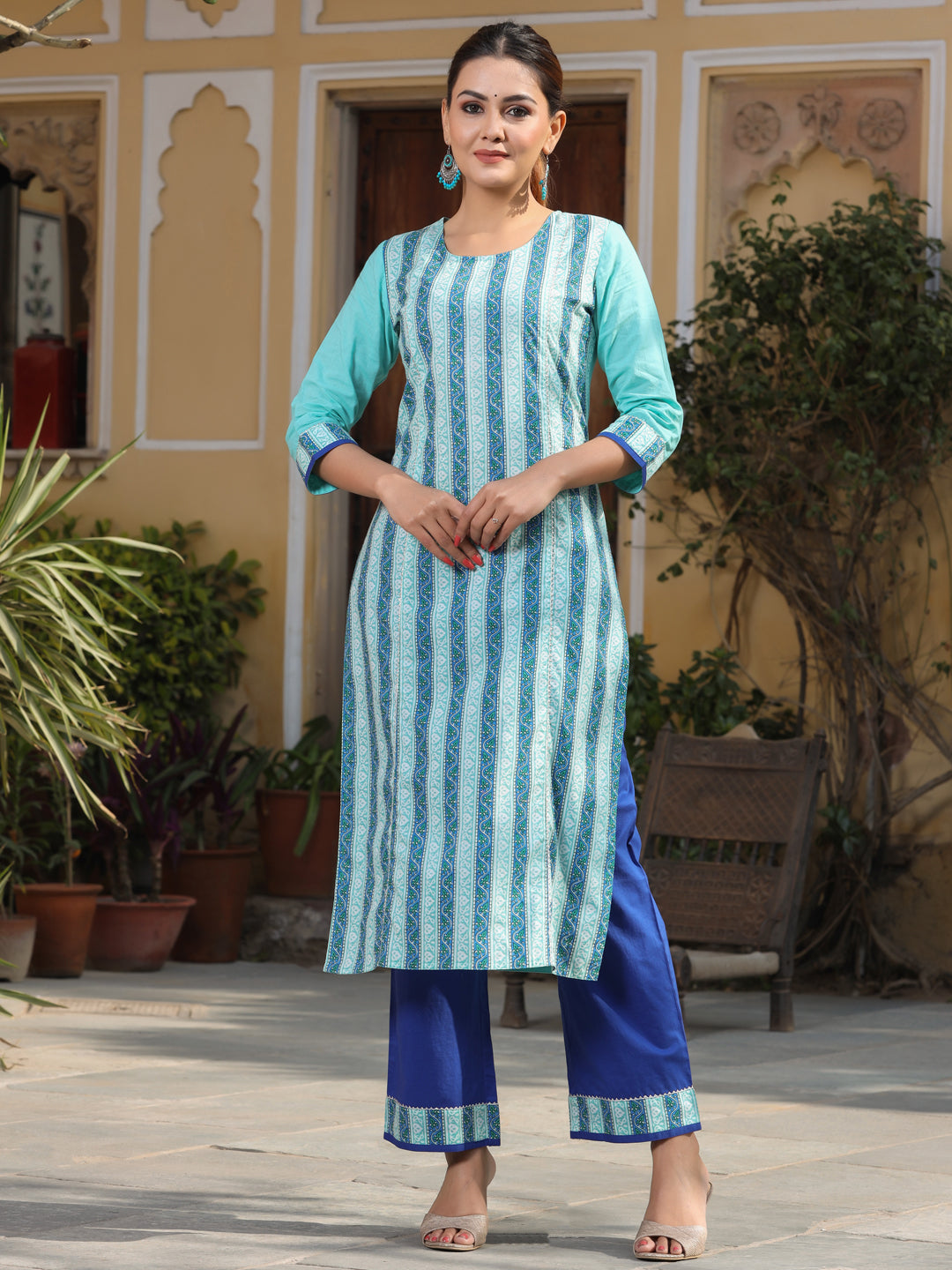 Turquoise Printed Kurta With Palazzo And Cotton Dupatta