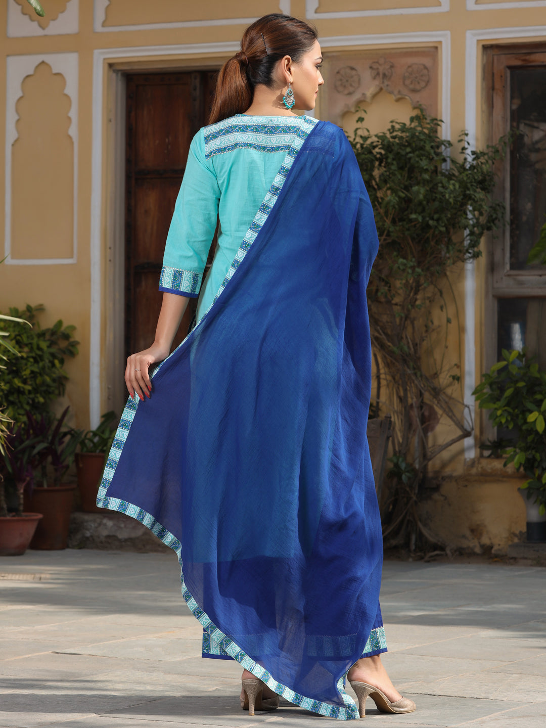 Turquoise Printed Kurta With Palazzo And Cotton Dupatta