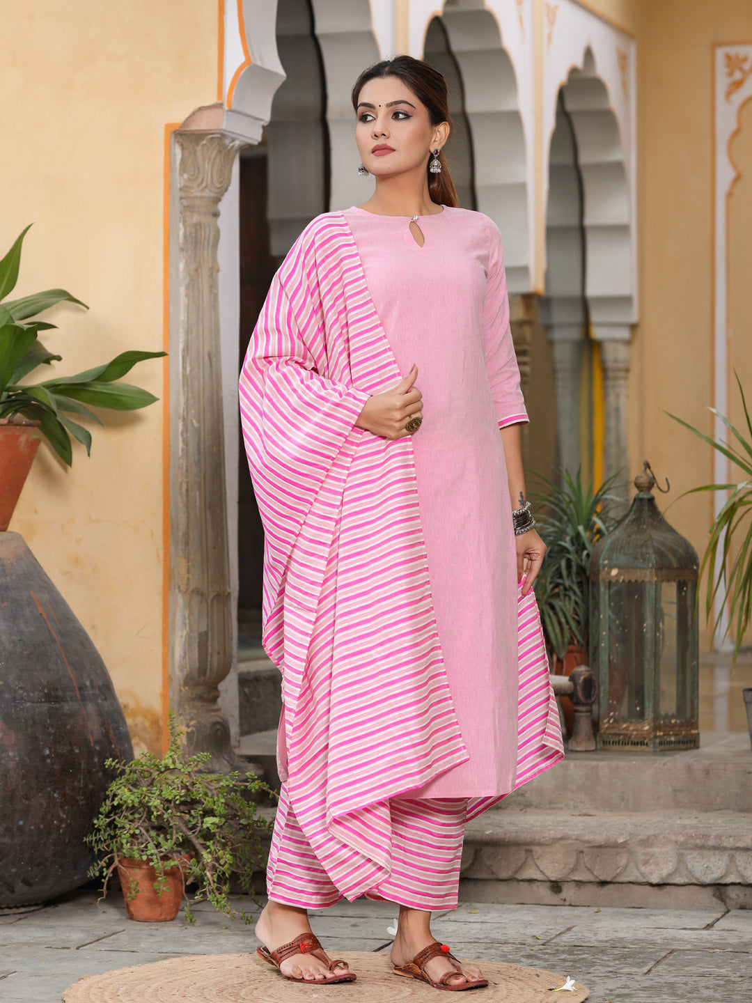 Pink Solid Straight Cotton Blend Kurta Palazzo With Dupatta Set