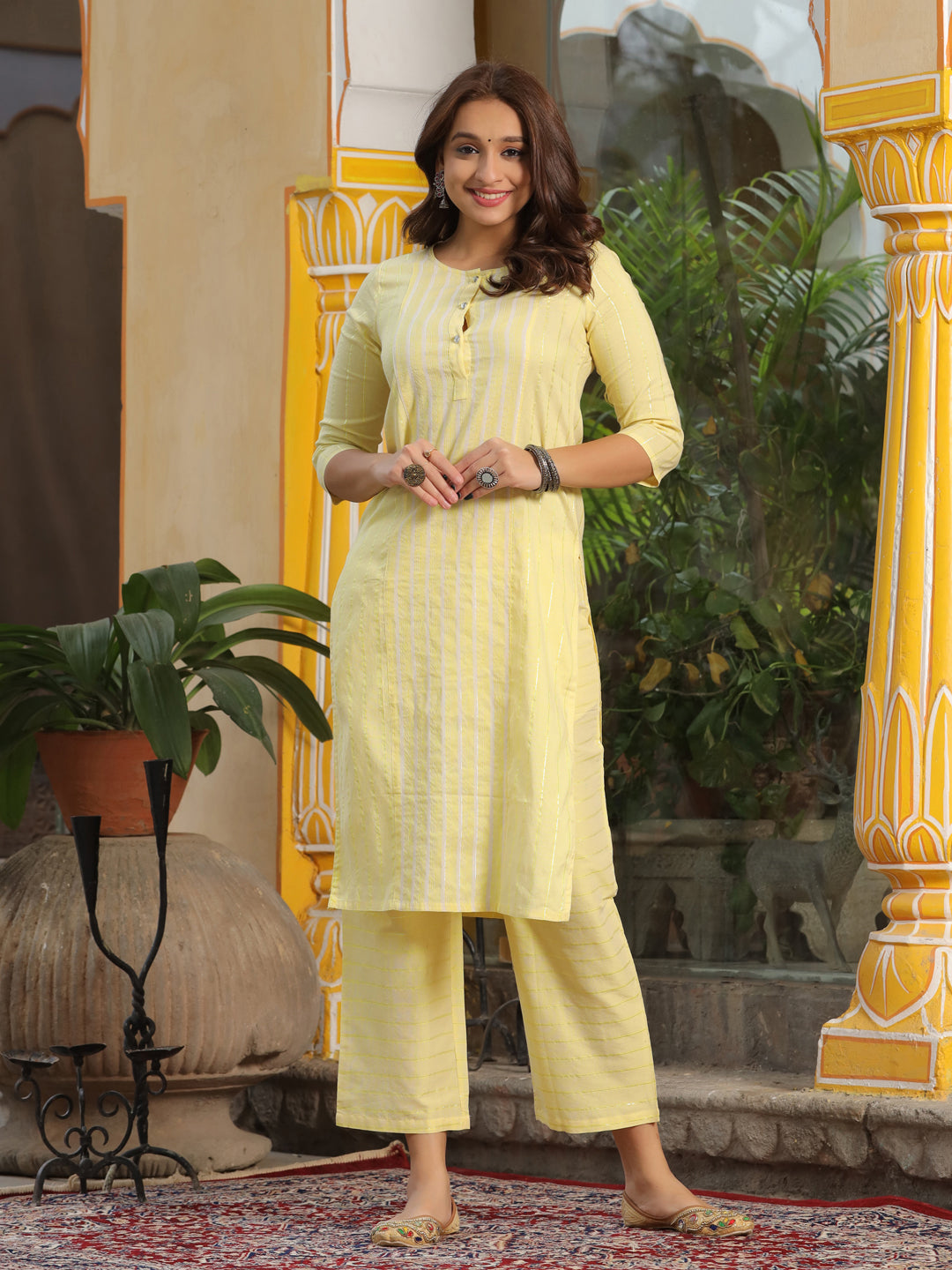 Yellow Self Stripe Straight Cotton Blend Kurta With Palazzo Set