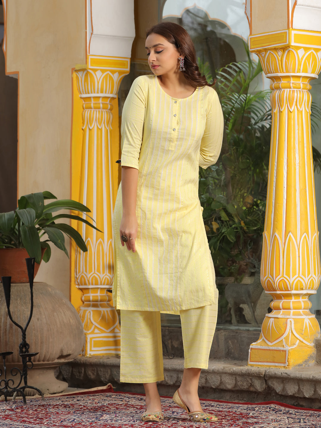 Yellow Self Stripe Straight Cotton Blend Kurta With Palazzo Set