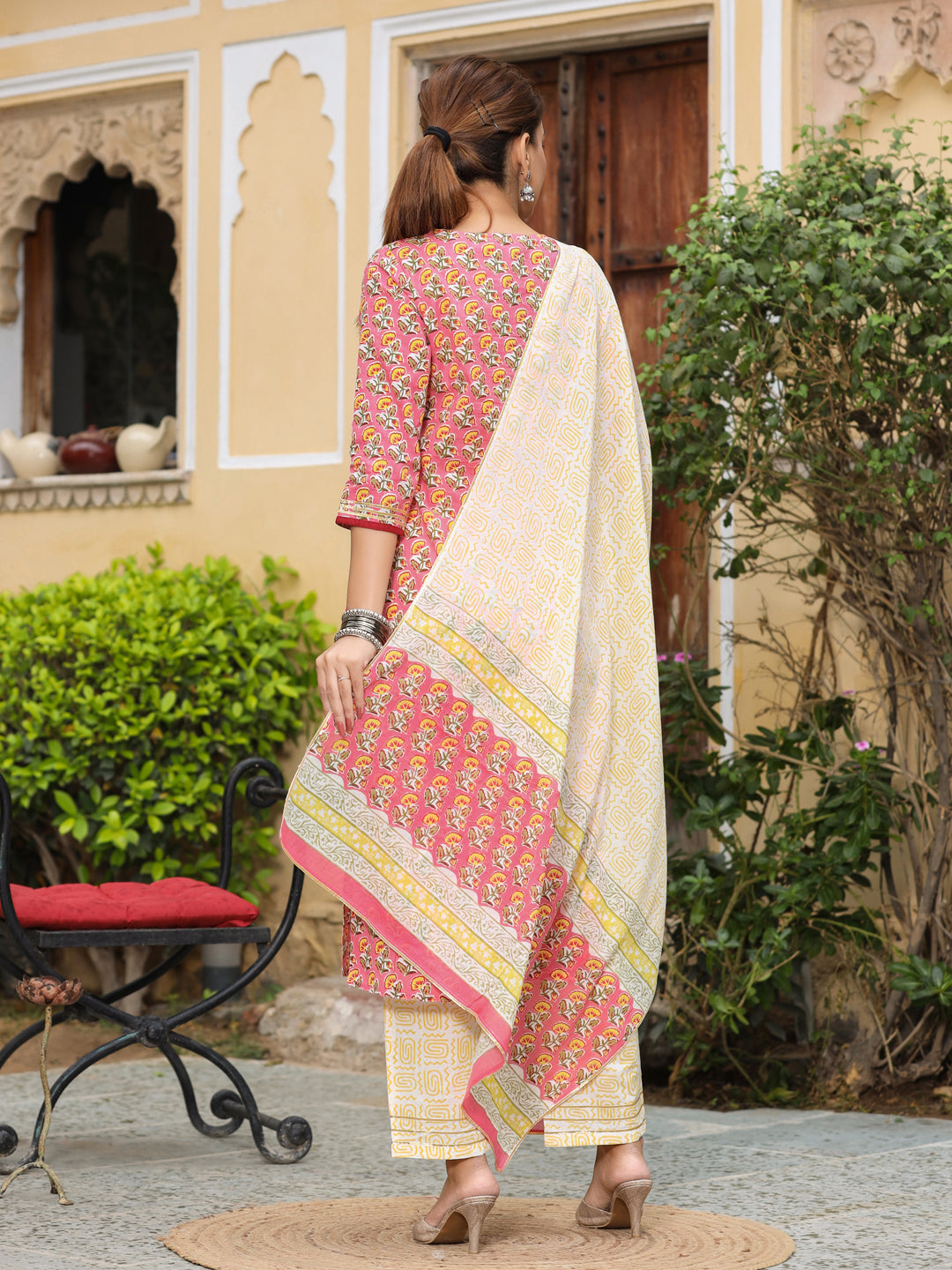 Pink Ethnic Print Straight Cotton Kurta With Palazzos & Dupatta