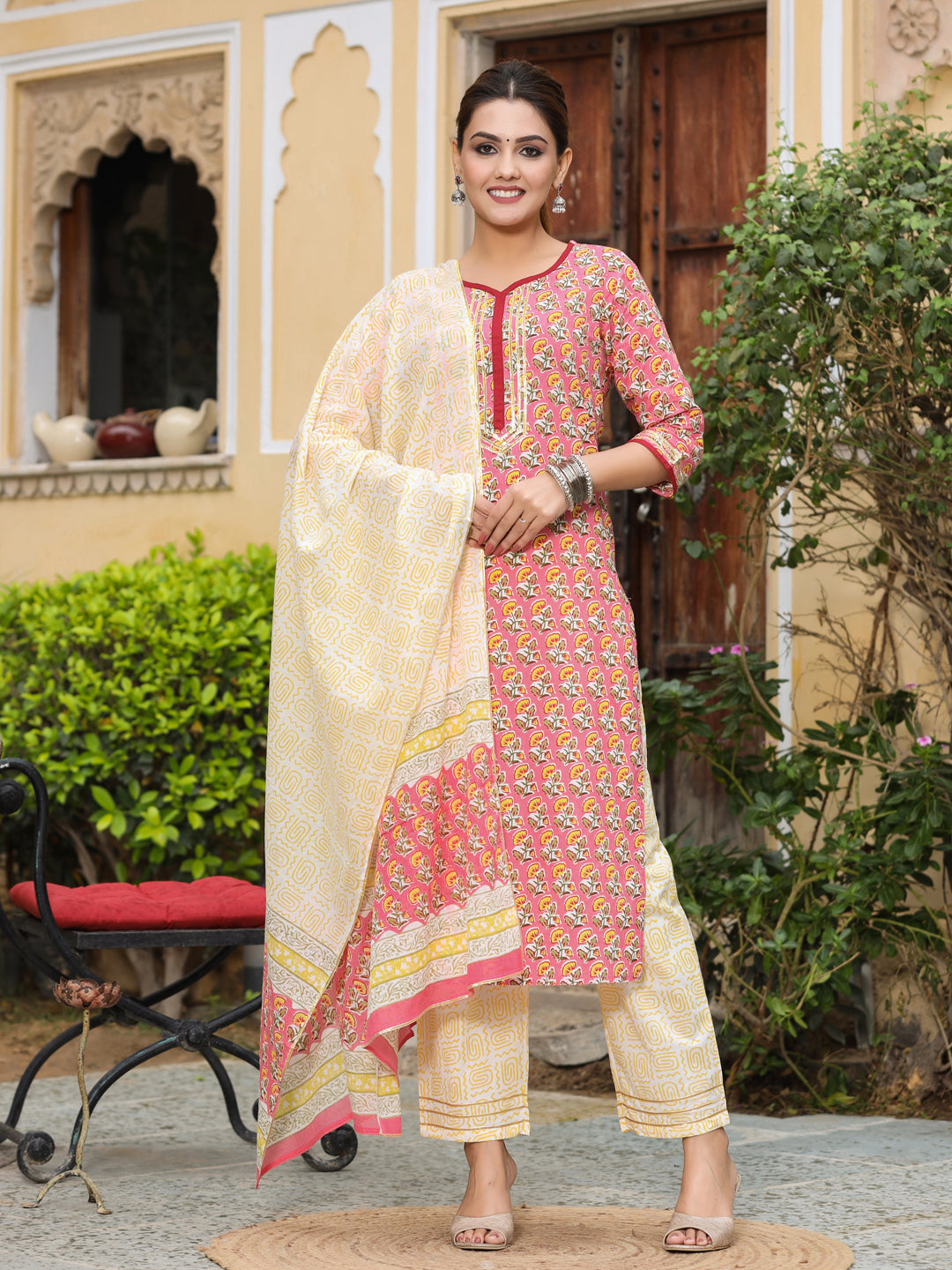 Pink Ethnic Print Straight Cotton Kurta With Palazzos & Dupatta
