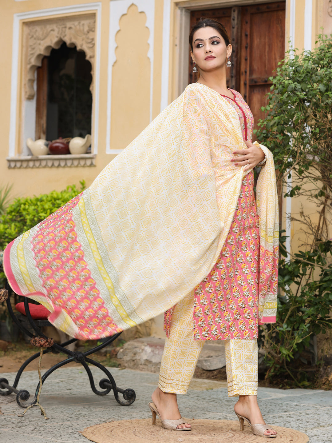 Pink Ethnic Print Straight Cotton Kurta With Palazzos & Dupatta