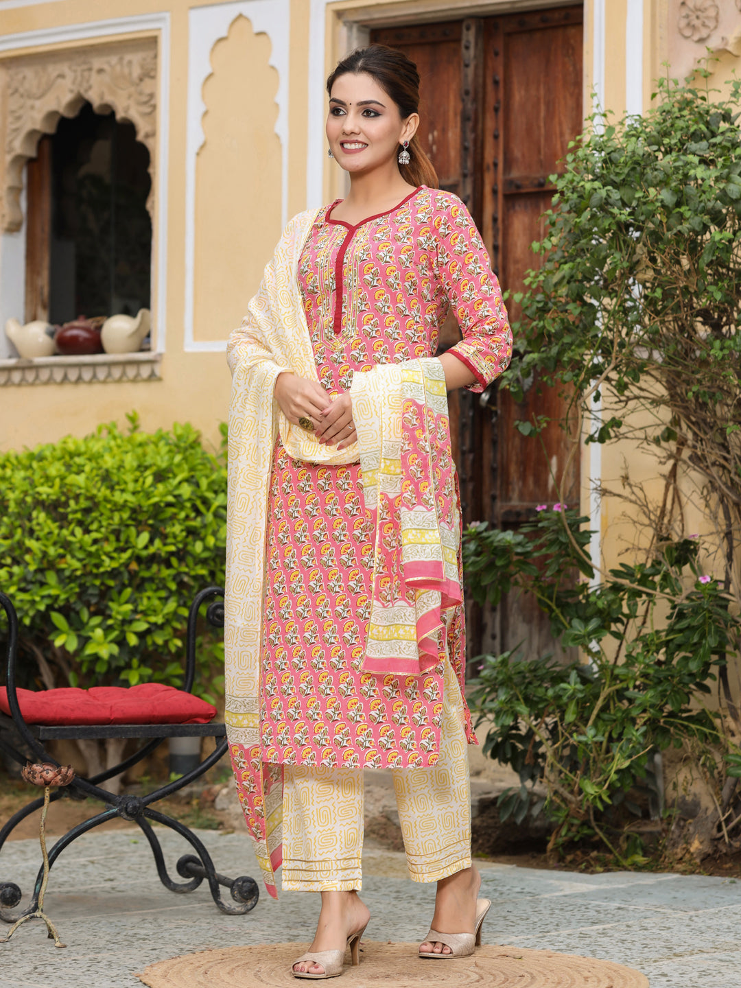 Pink Ethnic Print Straight Cotton Kurta With Palazzos & Dupatta