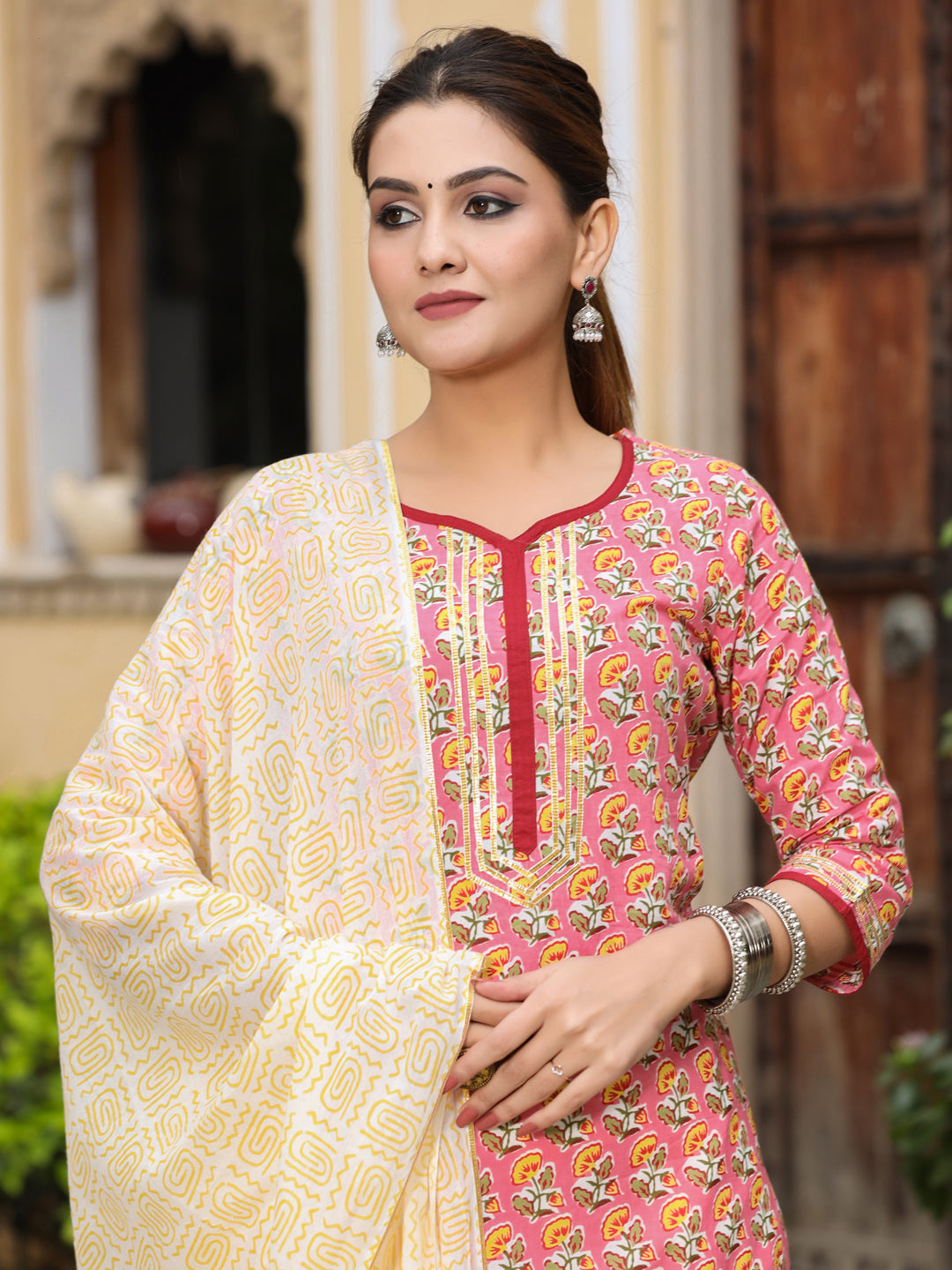 Pink Ethnic Print Straight Cotton Kurta With Palazzos & Dupatta