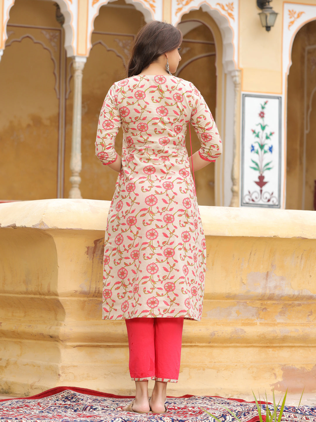 Beige Ethnic Print Angrakha Style Cotton Kurta With Palazzo