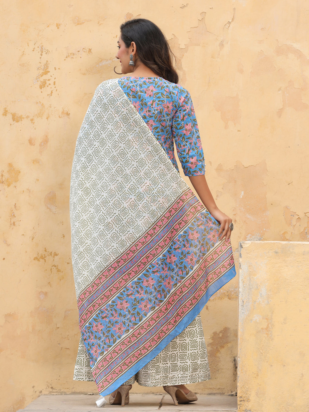 Blue Ethnic Print Straight Cotton Kurta With Palazzo And Dupatta
