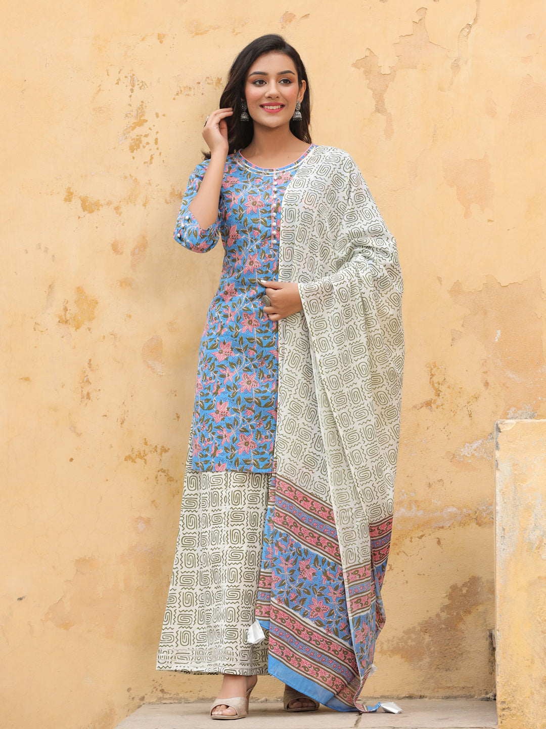 Blue Ethnic Print Straight Cotton Kurta With Palazzo And Dupatta