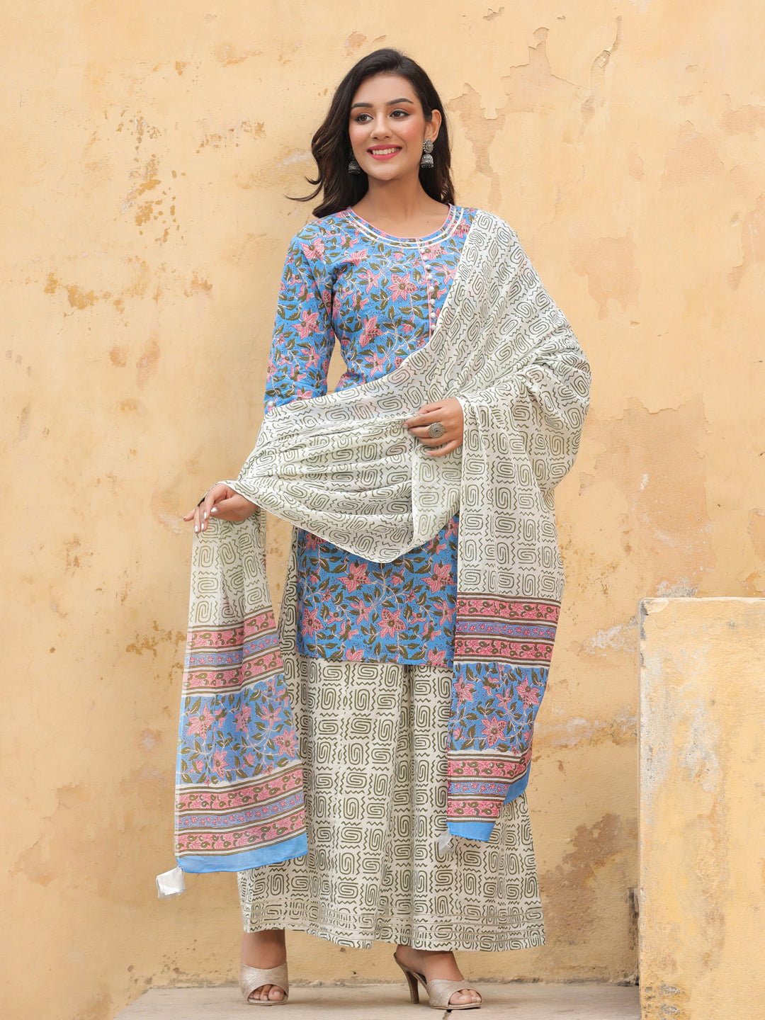 Blue Ethnic Print Straight Cotton Kurta With Palazzo And Dupatta