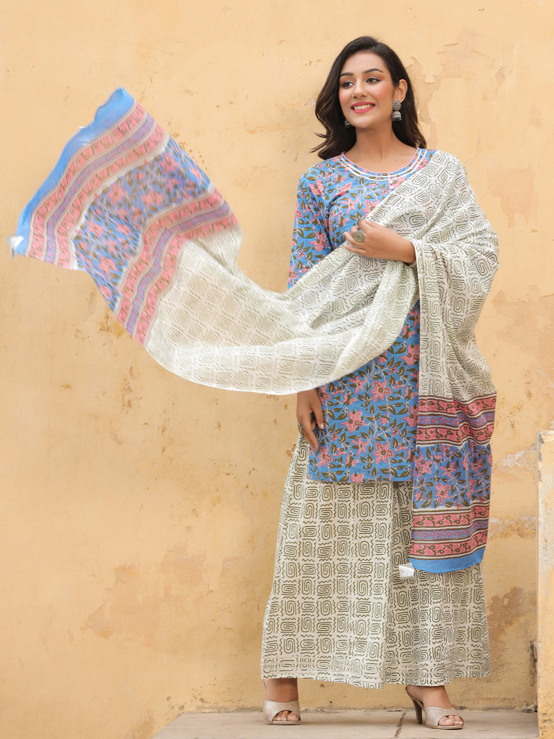 Blue Ethnic Print Straight Cotton Kurta With Palazzo And Dupatta