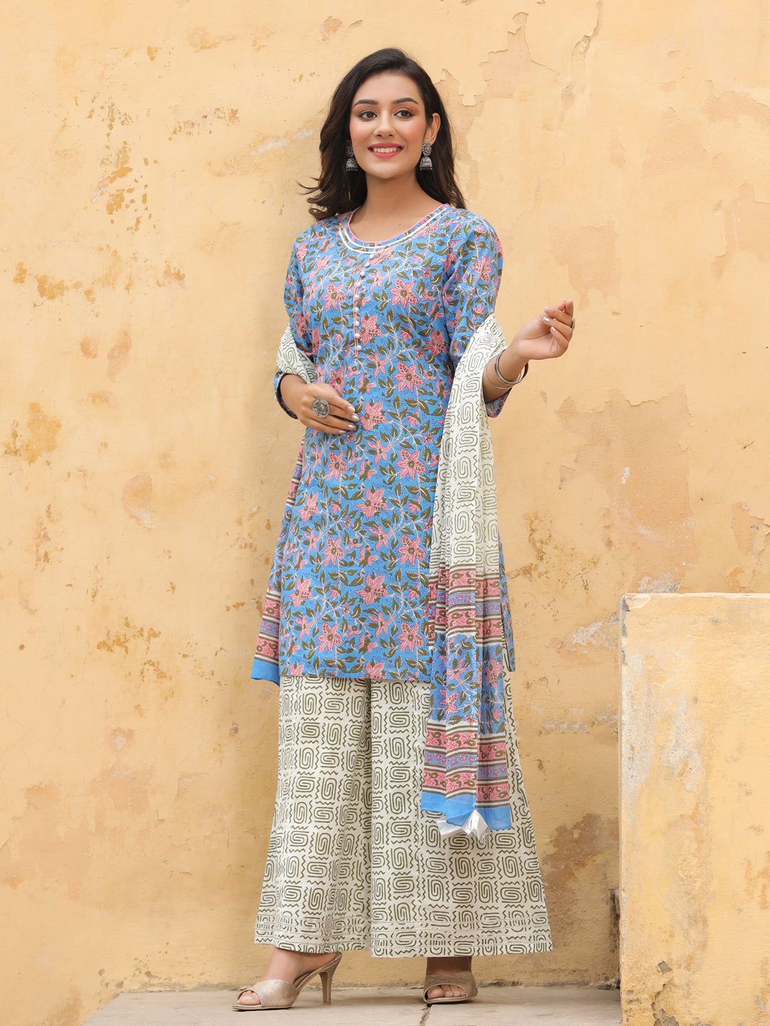 Blue Ethnic Print Straight Cotton Kurta With Palazzo And Dupatta