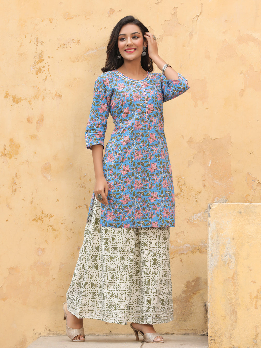 Blue Ethnic Print Straight Cotton Kurta With Palazzo And Dupatta