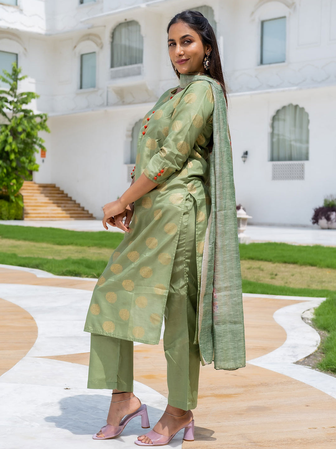 Green Ethnic Motifs Print Silk Blend Kurta With Palazzos & Dupatta