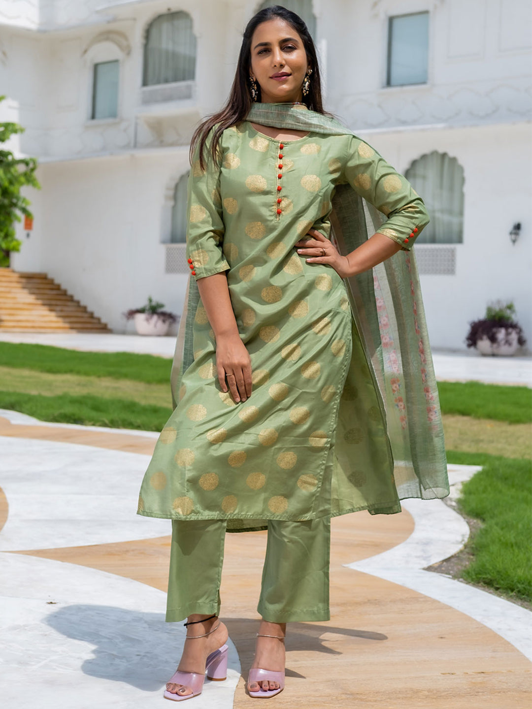 Green Ethnic Motifs Print Silk Blend Kurta With Palazzos & Dupatta