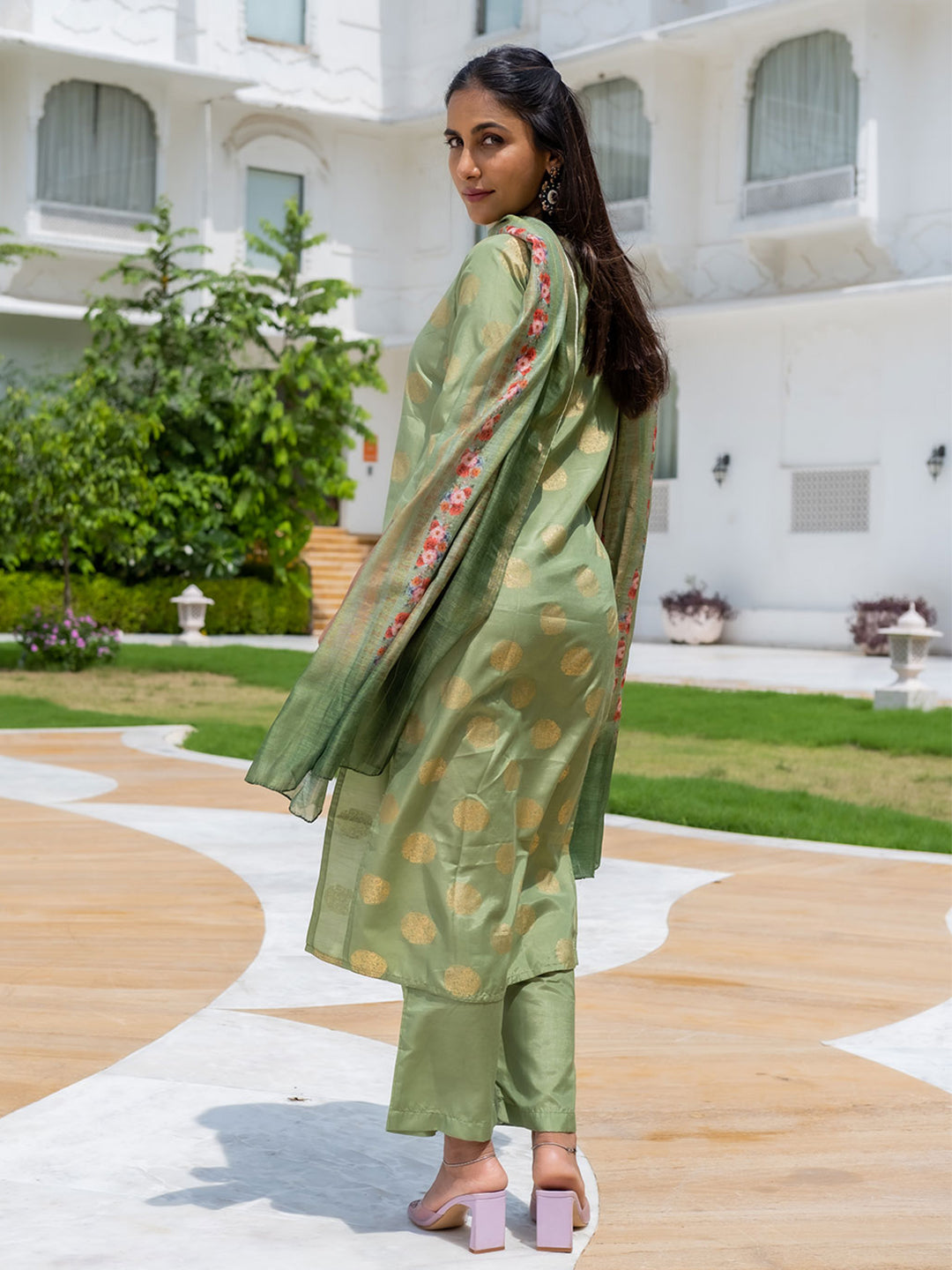Green Ethnic Motifs Print Silk Blend Kurta With Palazzos & Dupatta
