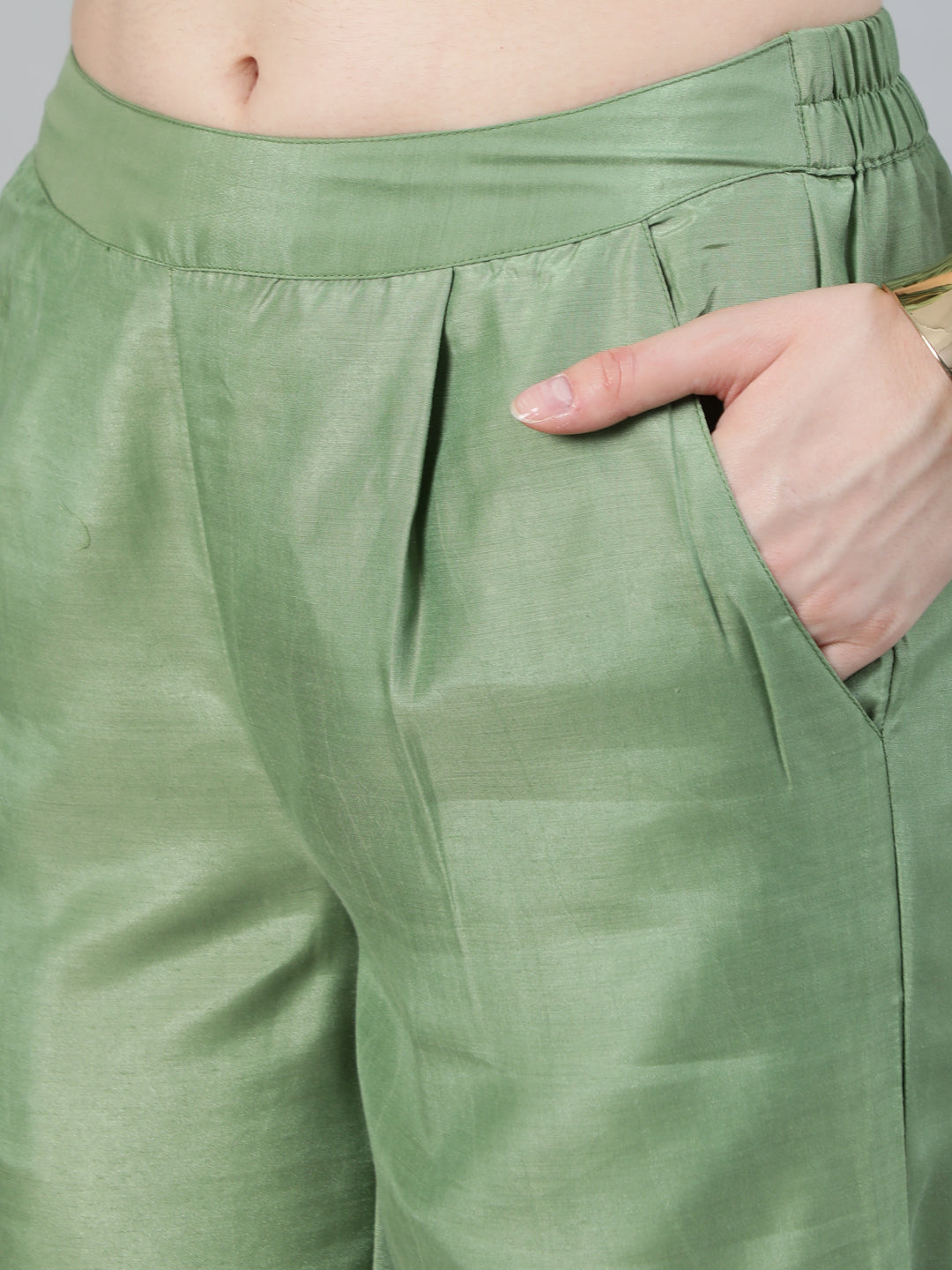 Green Ethnic Motifs Print Silk Blend Kurta With Palazzos & Dupatta