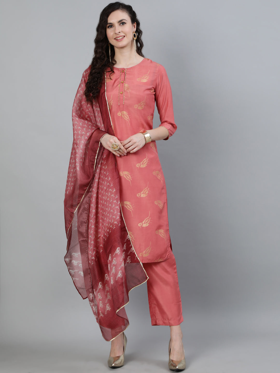 Pink Ethnic Motifs Print Silk Blend Kurta With Pants & Dupatta