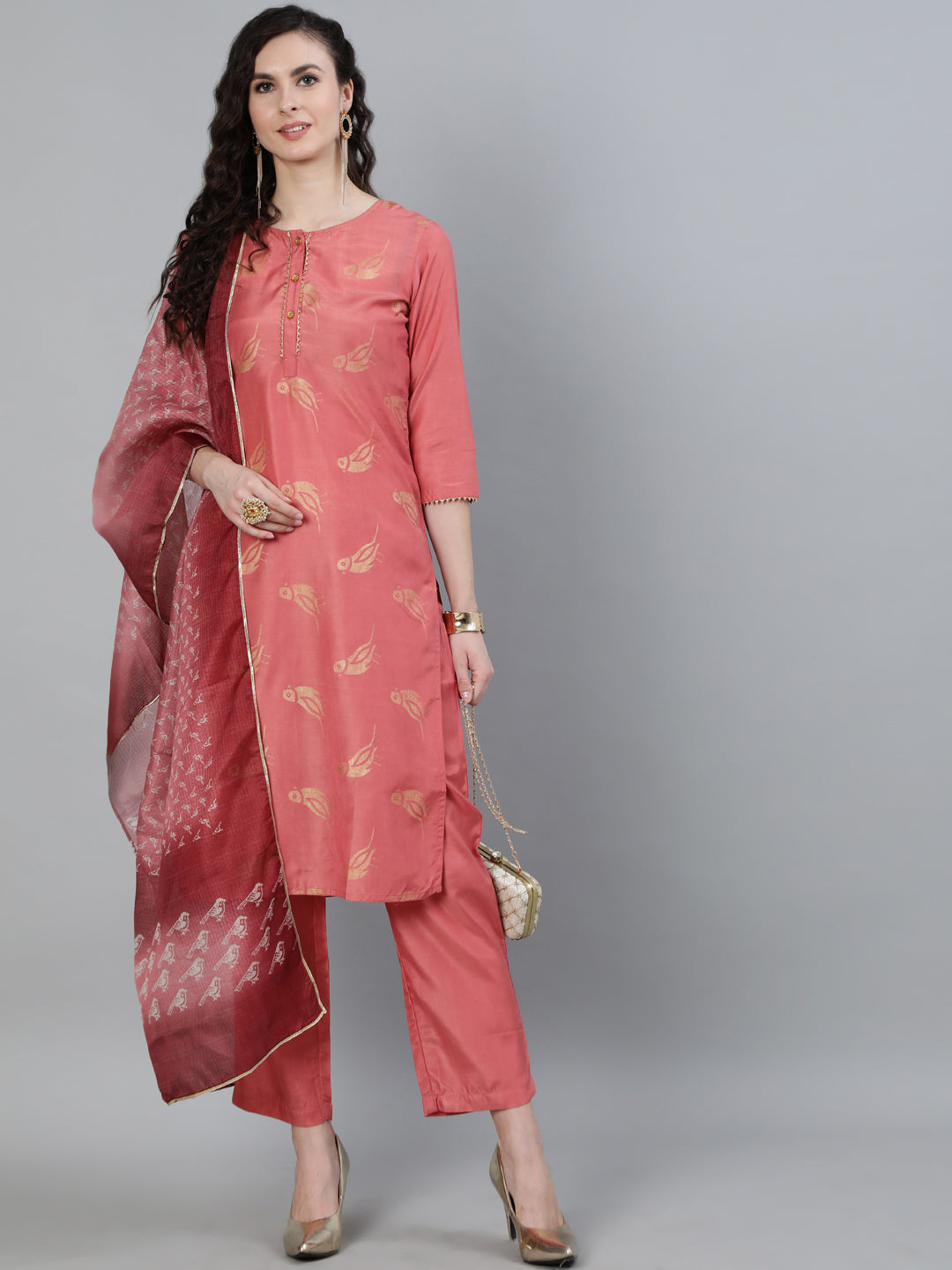 Pink Ethnic Motifs Print Silk Blend Kurta With Pants & Dupatta
