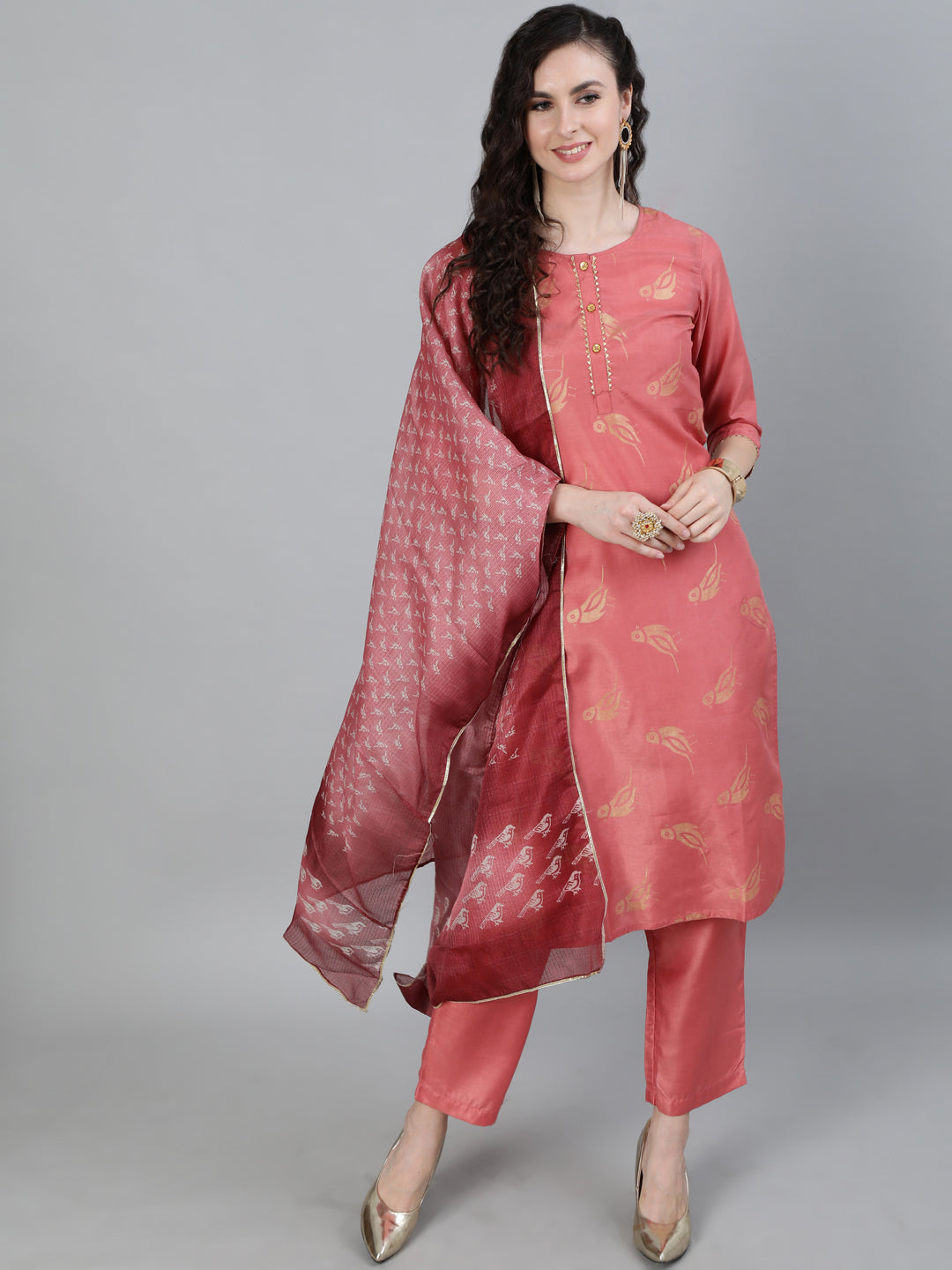 Pink Ethnic Motifs Print Silk Blend Kurta With Pants & Dupatta