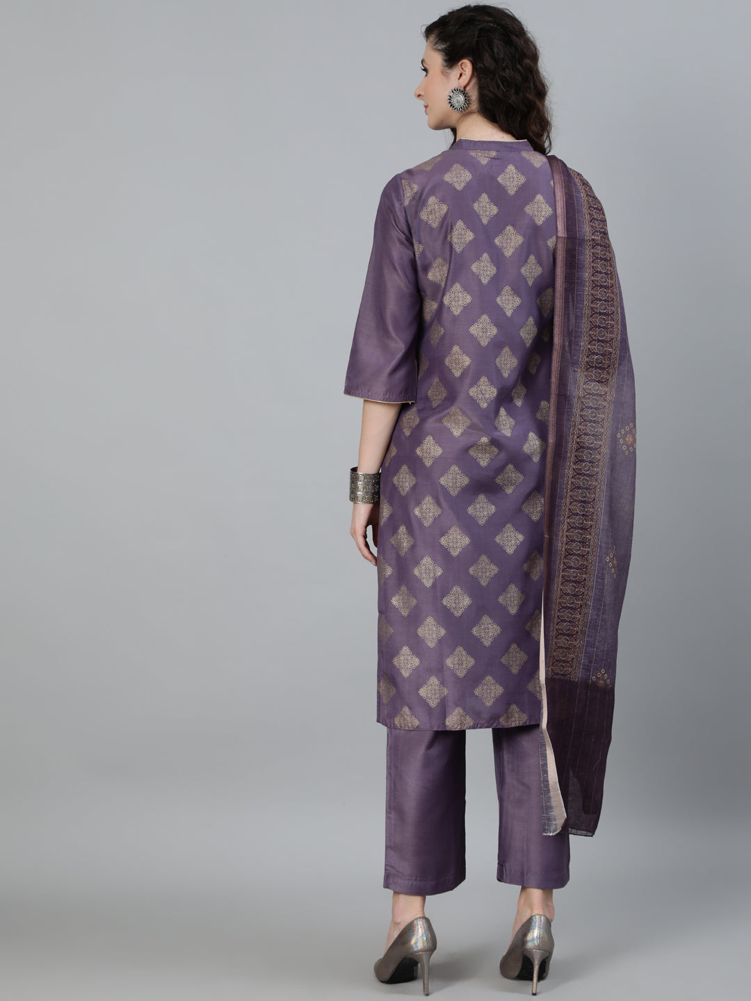 Mauve Gold Printed Straight Kurta With Palazzos & Printed Dupatta
