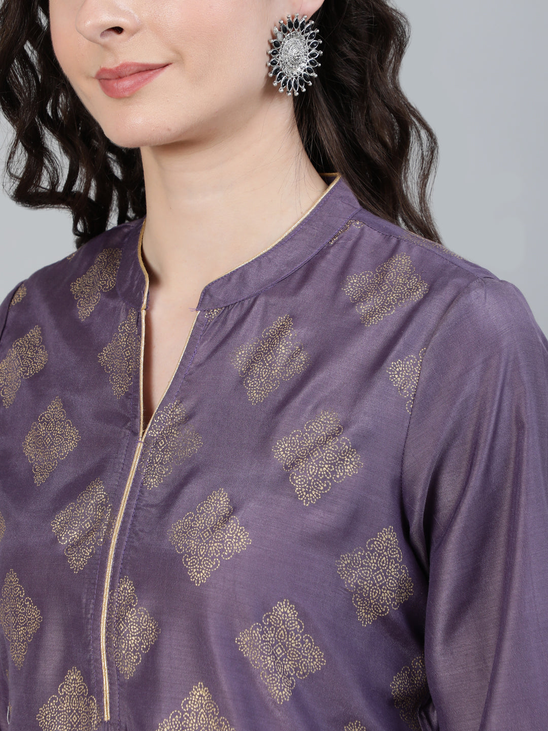 Mauve Gold Printed Straight Kurta With Palazzos & Printed Dupatta