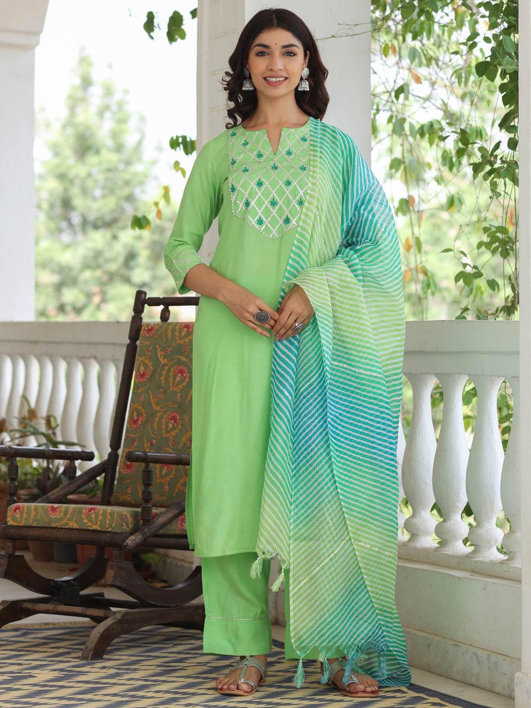 Lime Green Embroidered Rayon Kurta With Palazzo And Kota Tissue Dupatta