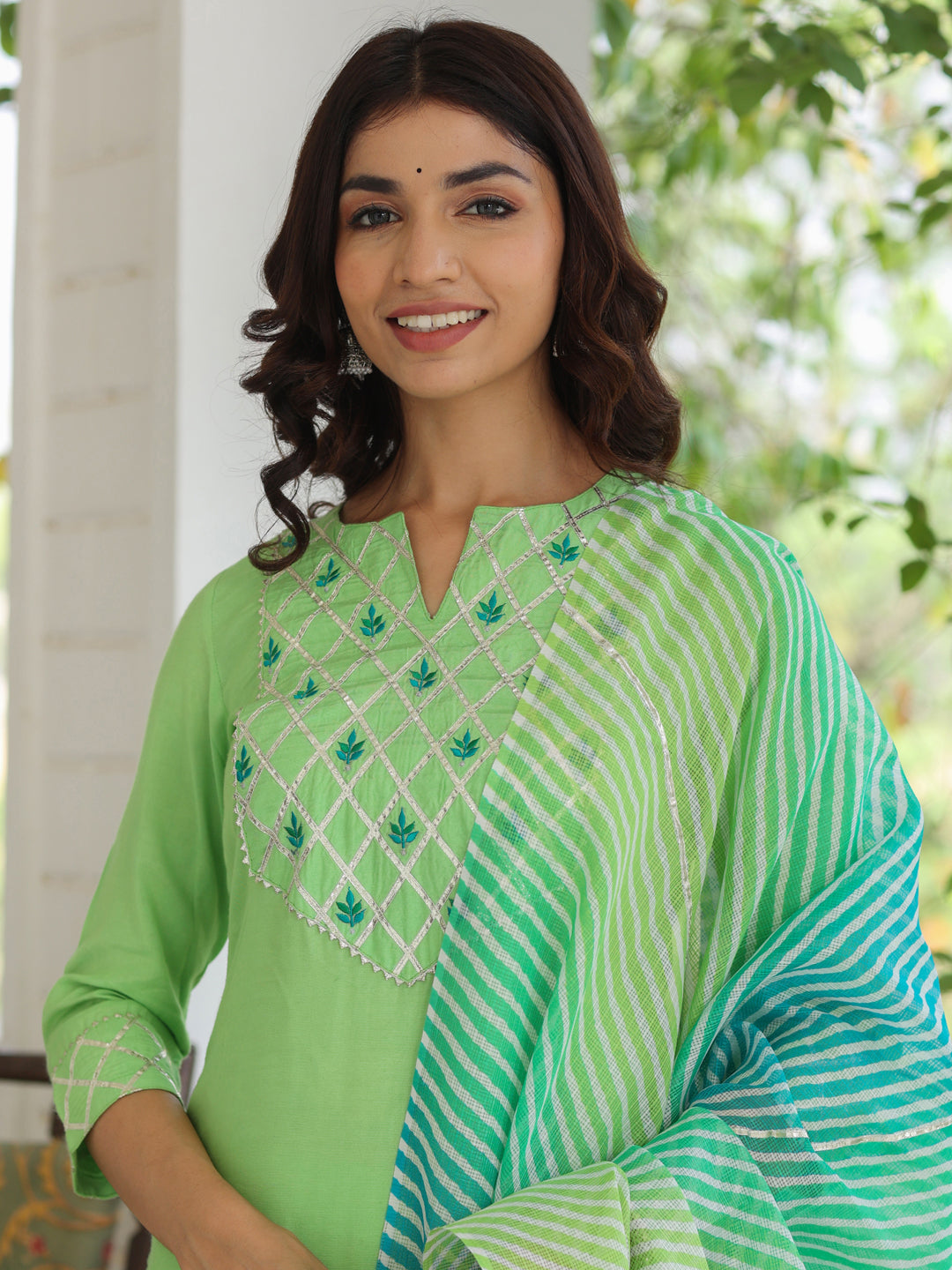 Lime Green Embroidered Rayon Kurta With Palazzo And Kota Tissue Dupatta