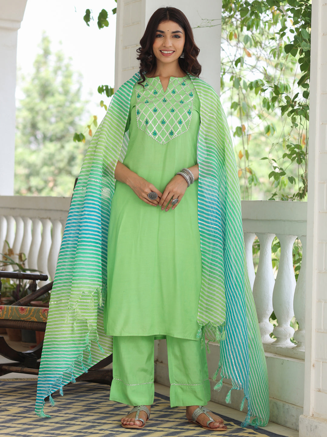 Lime Green Embroidered Rayon Kurta With Palazzo And Kota Tissue Dupatta