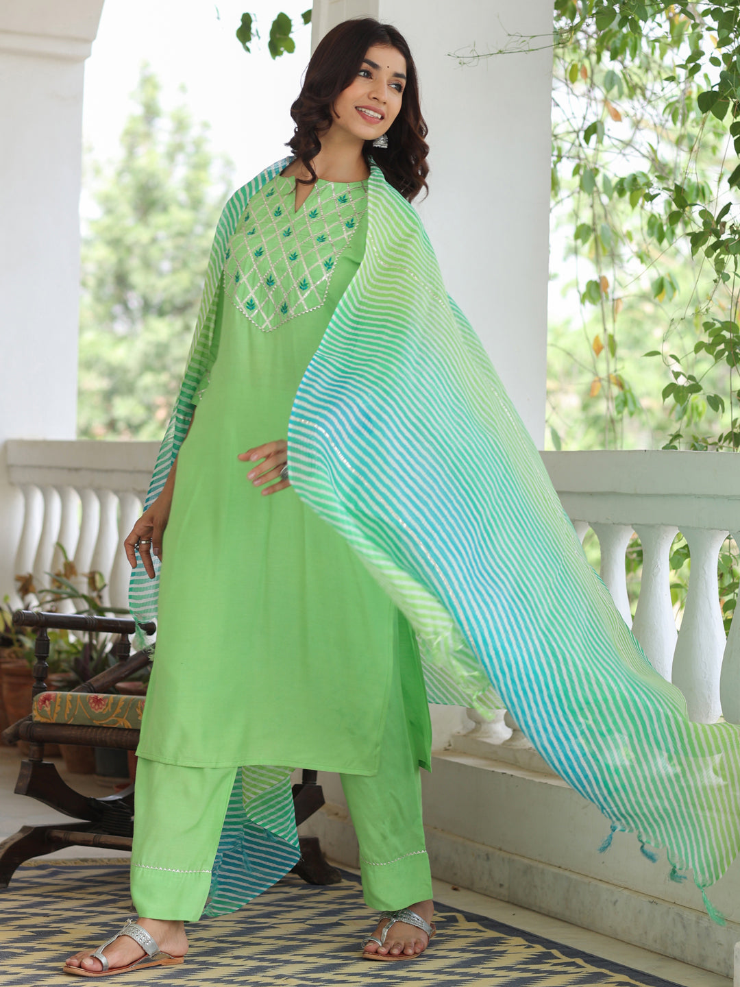 Lime Green Embroidered Rayon Kurta With Palazzo And Kota Tissue Dupatta