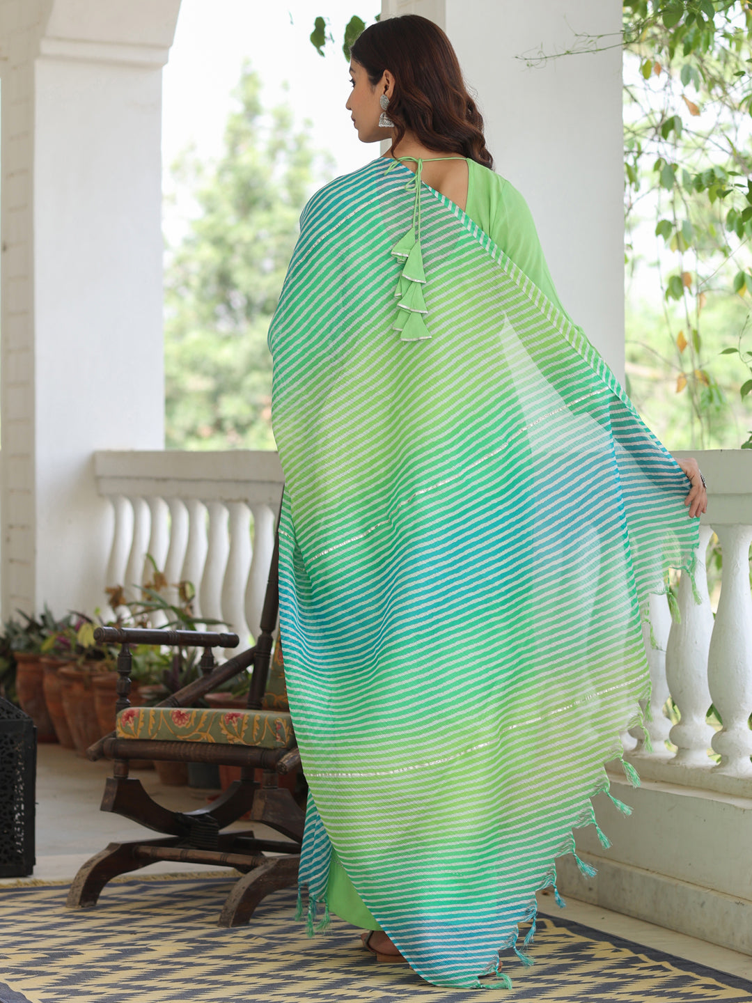 Lime Green Embroidered Rayon Kurta With Palazzo And Kota Tissue Dupatta