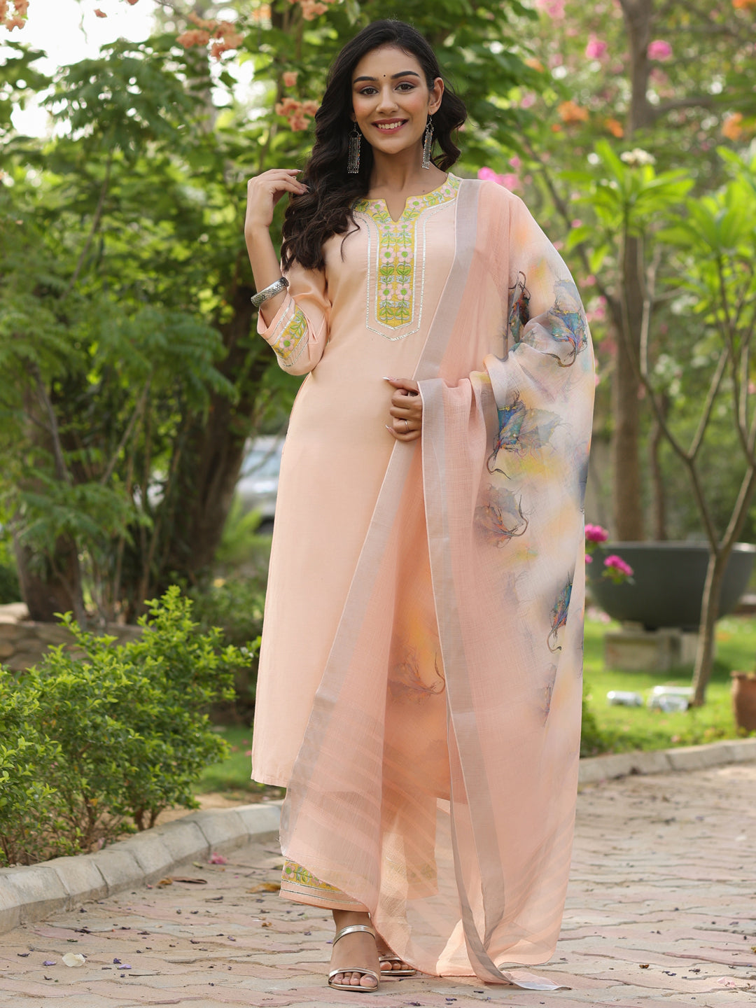 Peach Embroidered Rayon Kurta With Palazzo And Linen Dupatta