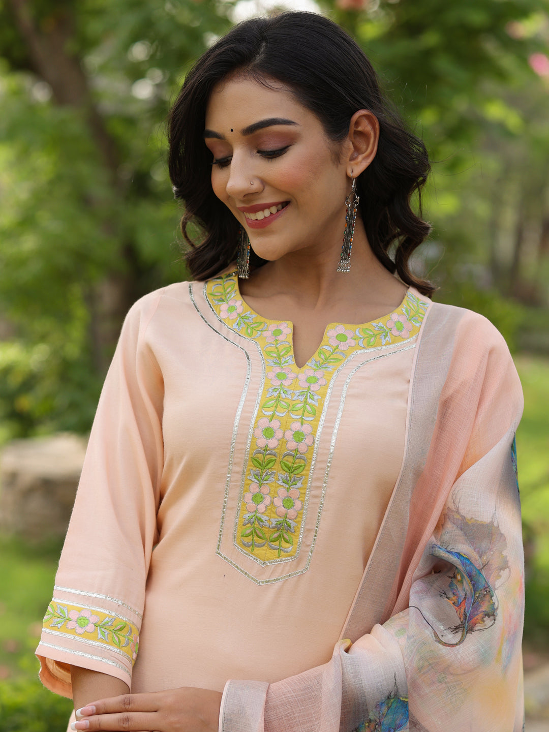 Peach Embroidered Rayon Kurta With Palazzo And Linen Dupatta