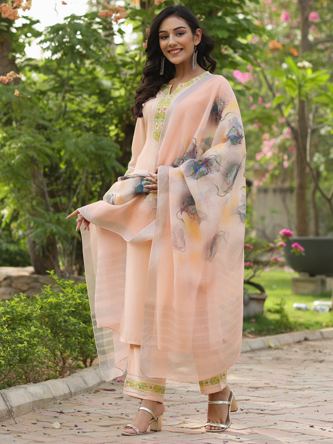 Peach Embroidered Rayon Kurta With Palazzo And Linen Dupatta