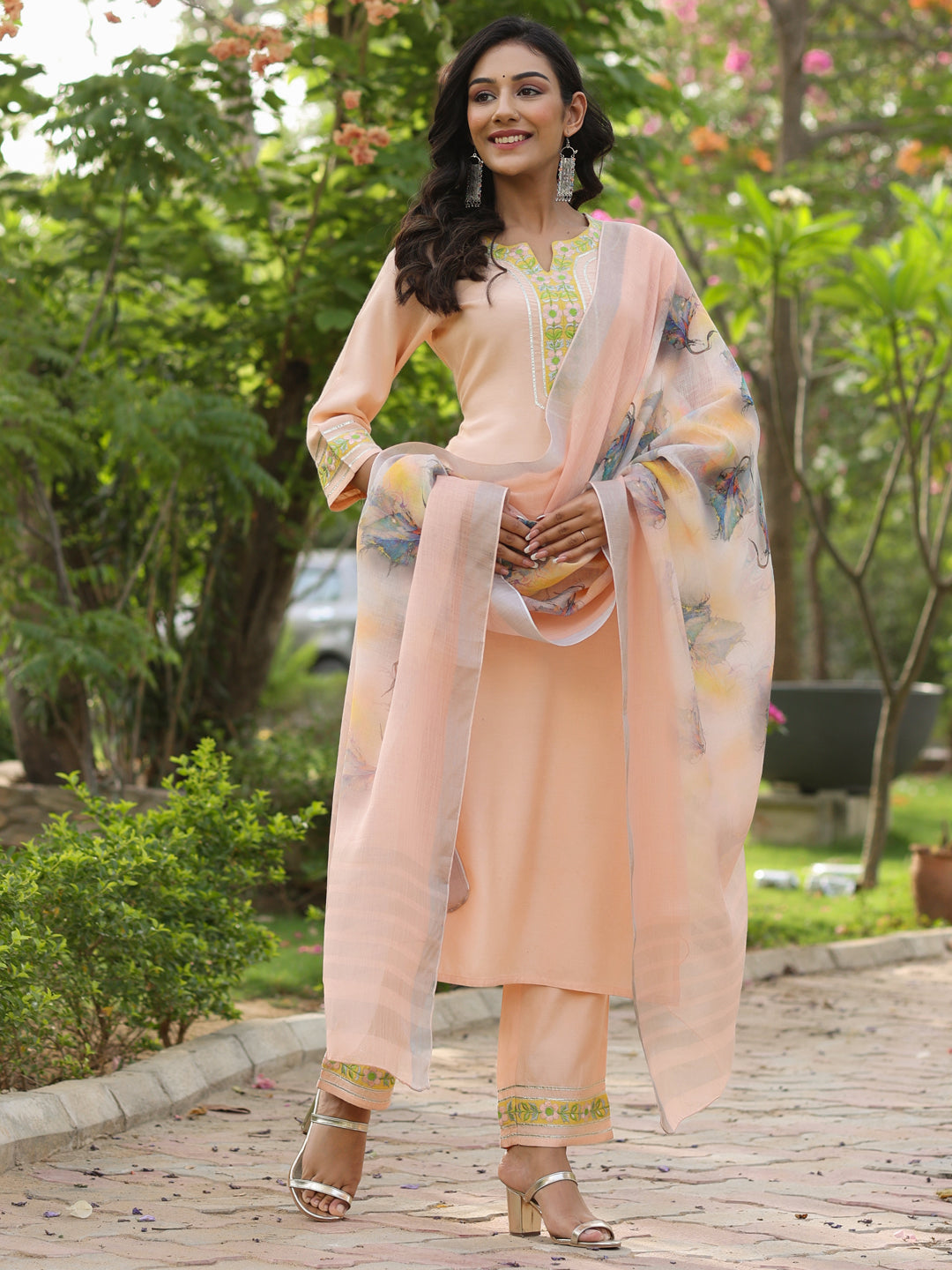 Peach Embroidered Rayon Kurta With Palazzo And Linen Dupatta