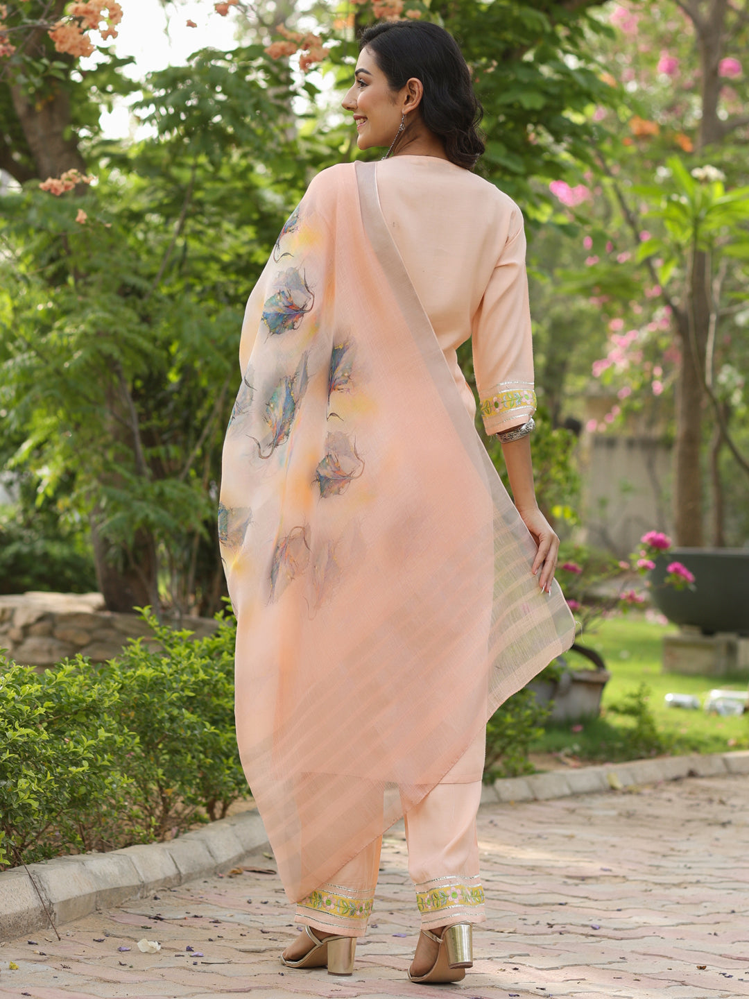 Peach Embroidered Rayon Kurta With Palazzo And Linen Dupatta