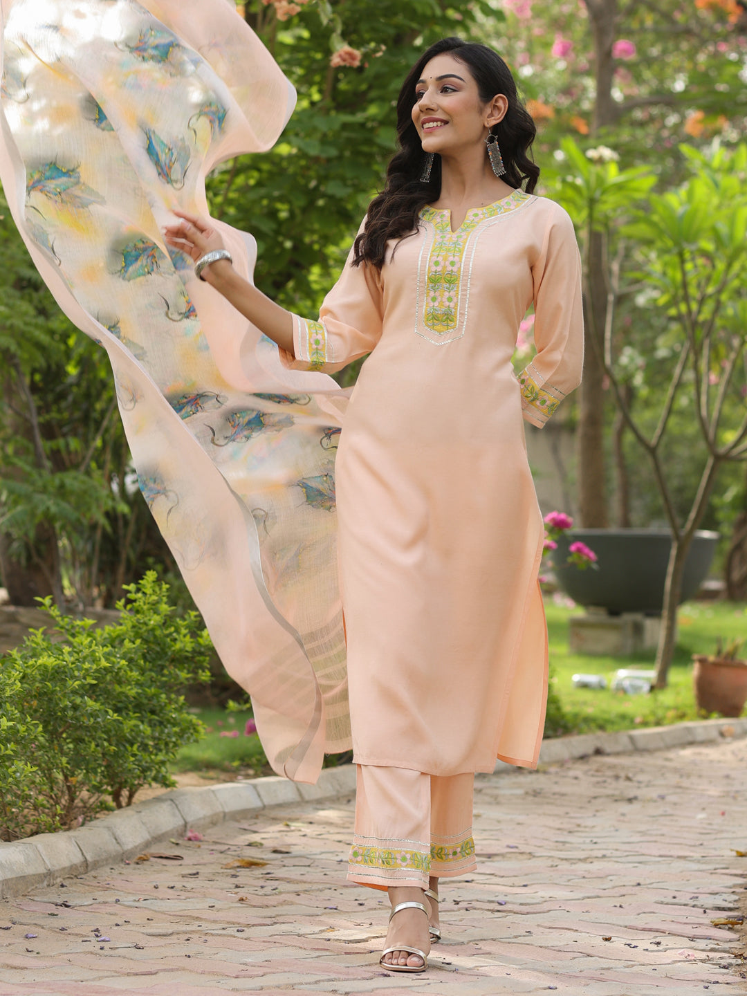 Peach Embroidered Rayon Kurta With Palazzo And Linen Dupatta