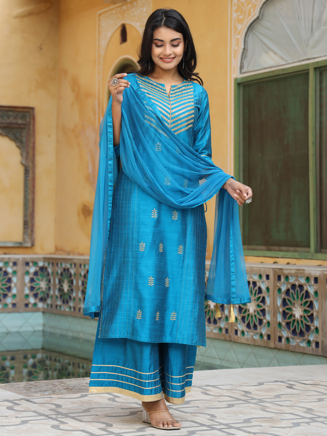 Embroidered Kurta With Palazzo And Net Dupatta