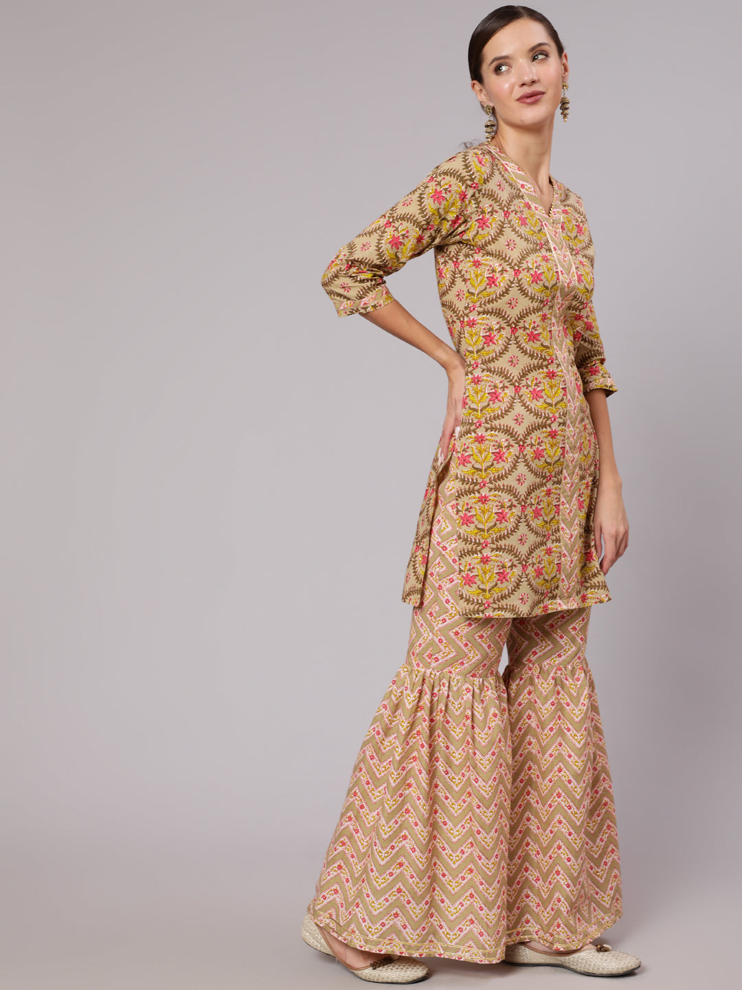 A Short Beige Printed Cotton Gota Embellished Kurta With Printed Sharara And Chiffon Dupatta