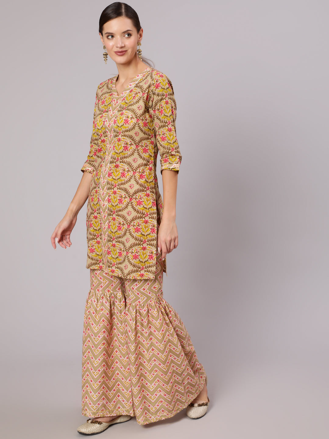 A Short Beige Printed Cotton Gota Embellished Kurta With Printed Sharara And Chiffon Dupatta